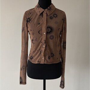 Rabbit Rose Celestial Button Up‎ Sheer Top Women’s M Long Sleeve Whimsical Boho